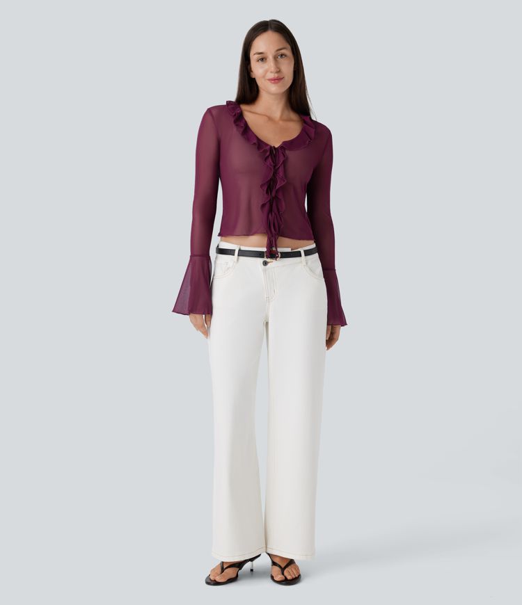 Haut décontracté en maille transparente col V manches volantées à froufrous avec lien à nouer devant