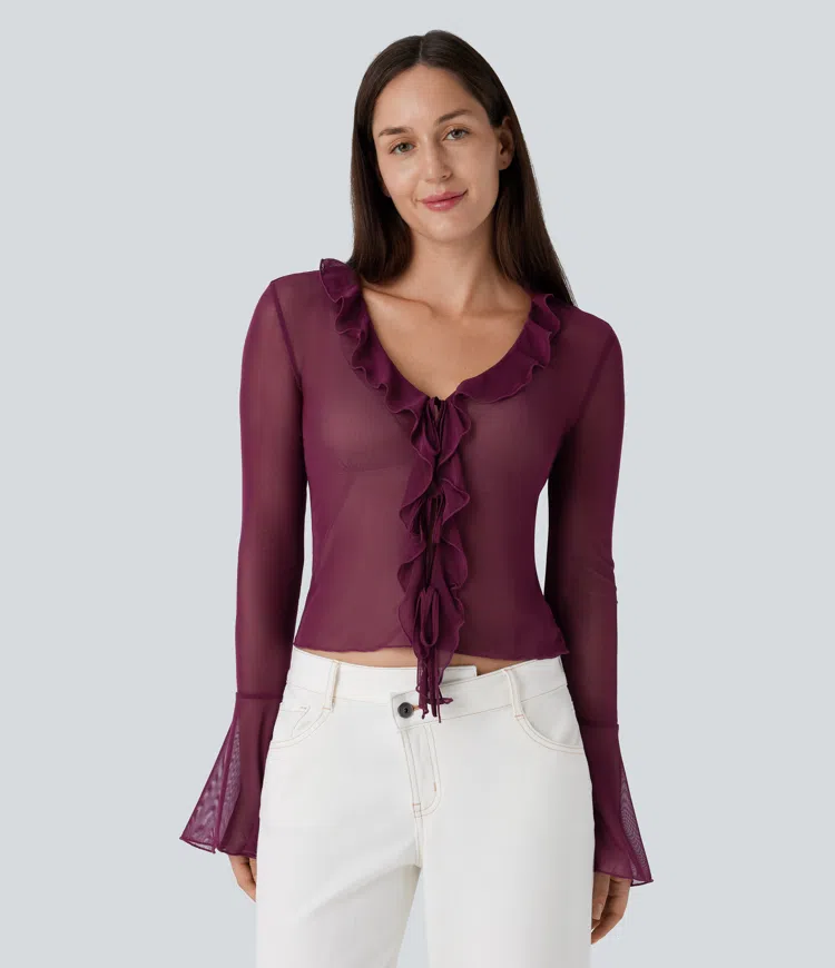 Sheer Mesh V Neck Flounce Sleeve Ruffle Tie Front Casual Top