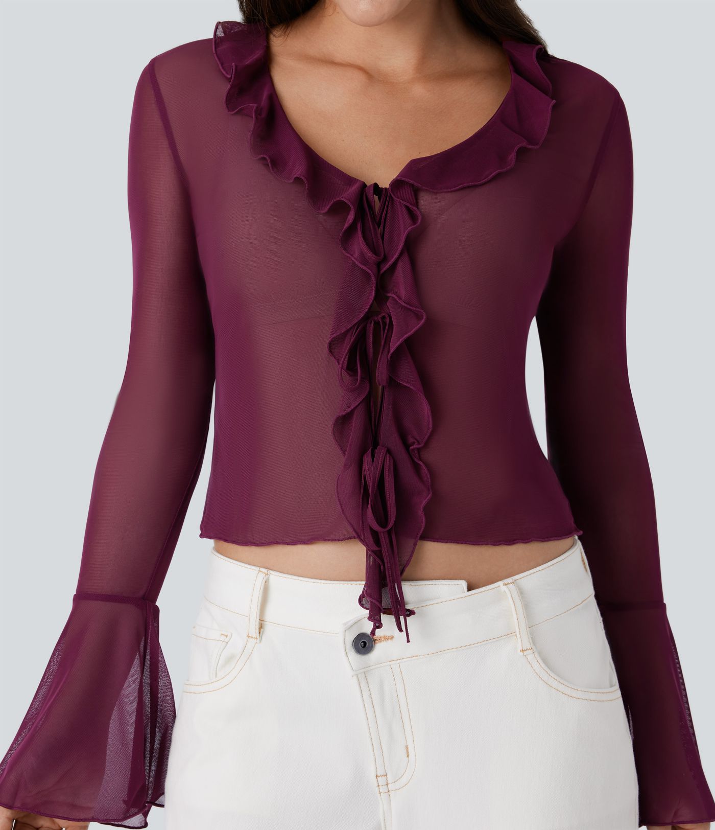 Blusa cuello V manga volante lazo delantera malla transparente