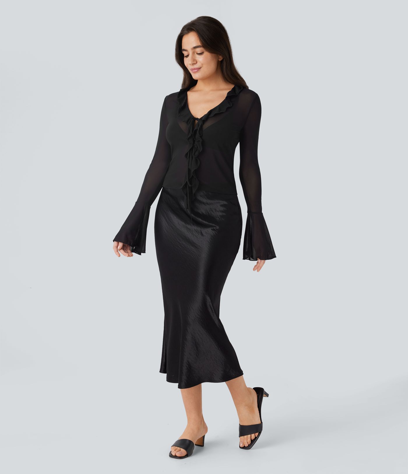 Sheer Mesh V Neck Flounce Sleeve Ruffle Tie Front Casual Top