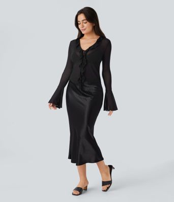 Sheer Mesh V Neck Flounce Sleeve Ruffle Tie Front Casual Top