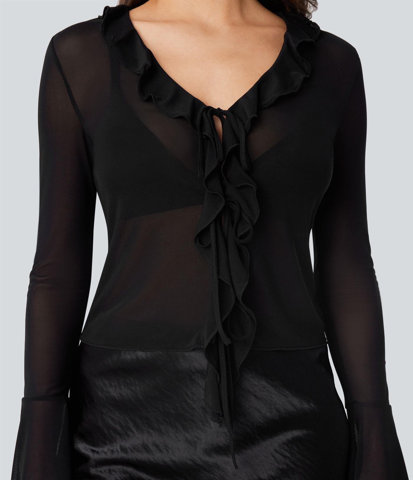 Sheer Mesh V Neck Flounce Sleeve Ruffle Tie Front Casual Top