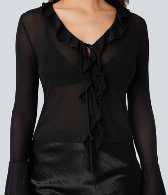 Sheer Mesh V Neck Flounce Sleeve Ruffle Tie Front Casual Top