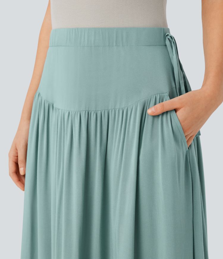 Mid Low Rise Pocket Knot Flowy Maxi Skirt