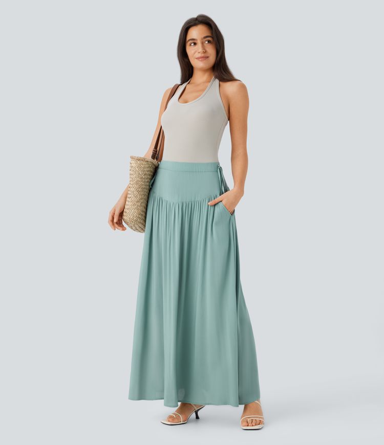 Mid Low Rise Pocket Knot Flowy Maxi Skirt