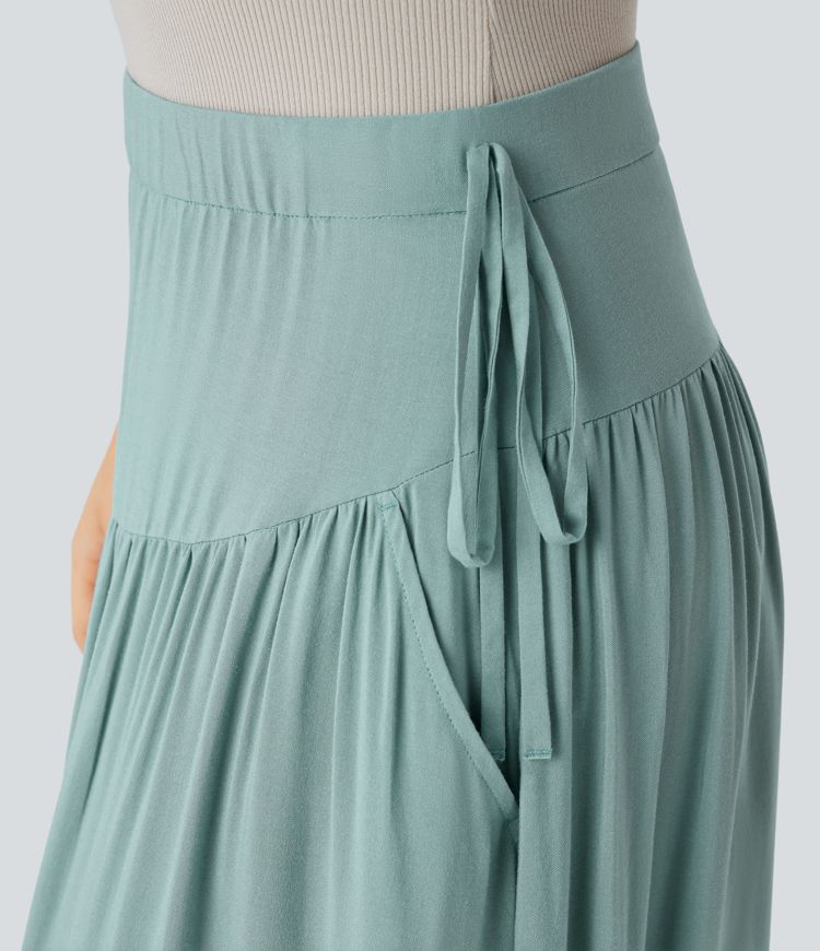 Mid Low Rise Pocket Knot Flowy Maxi Skirt