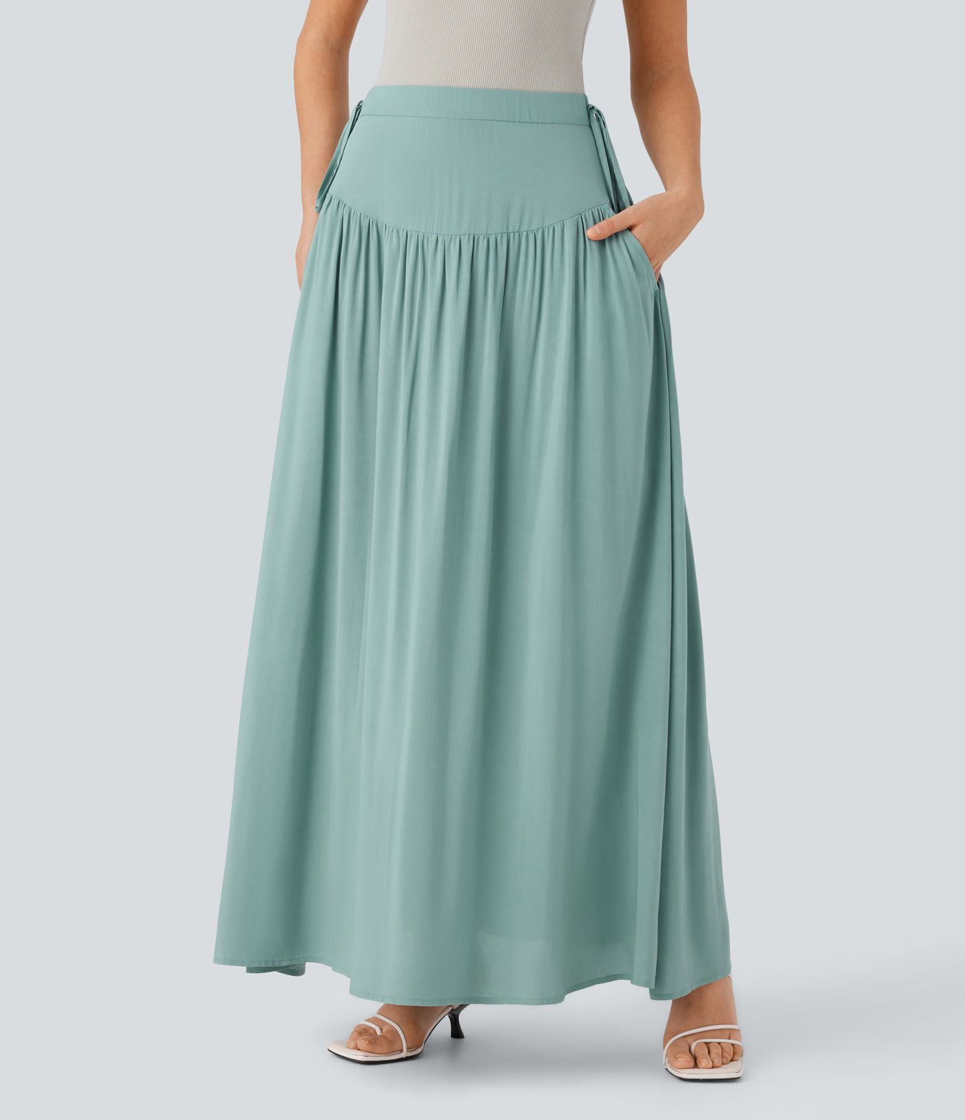 Mid Low Rise Pocket Knot Flowy Maxi Skirt