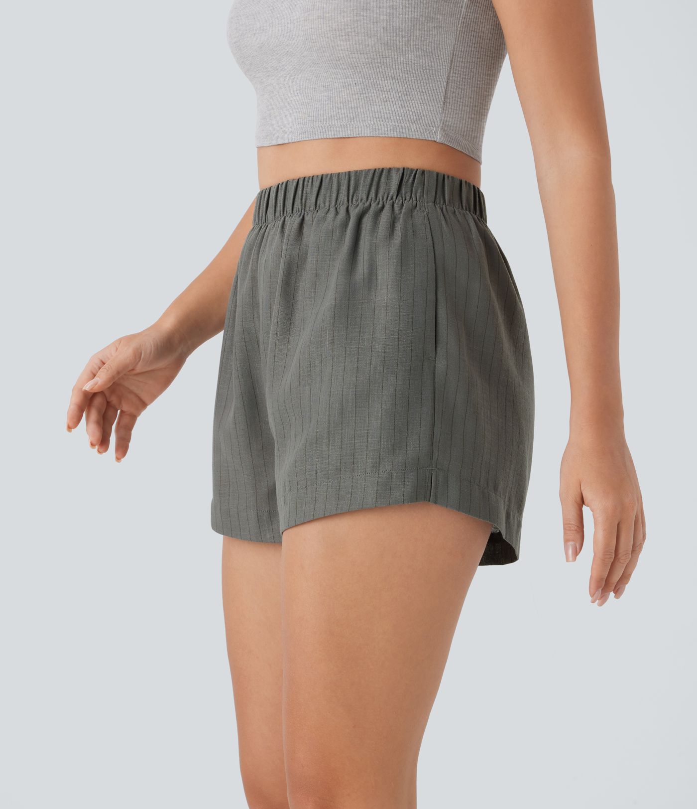 High Waisted Side Pocket Split Stripe Resort Linen-Feel Shorts