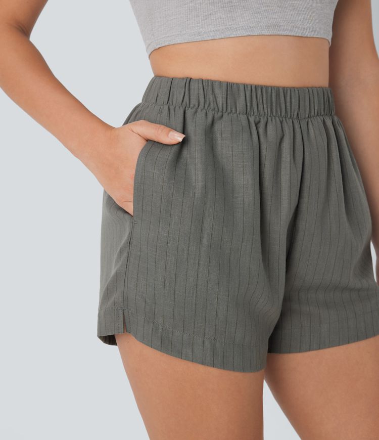 Pantalón corto lino tiro alto bolsillo lateral raya dividida