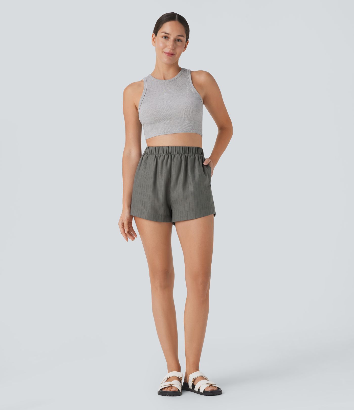 High Waisted Side Pocket Split Stripe Resort Linen-Feel Shorts