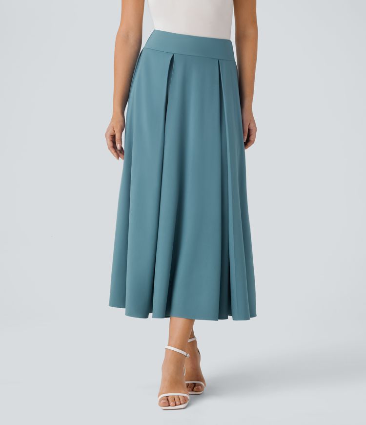 Breezeful™ High Waisted Invisible Zipper Side Pocket Flowy Quick Dry Midi Work Skirt