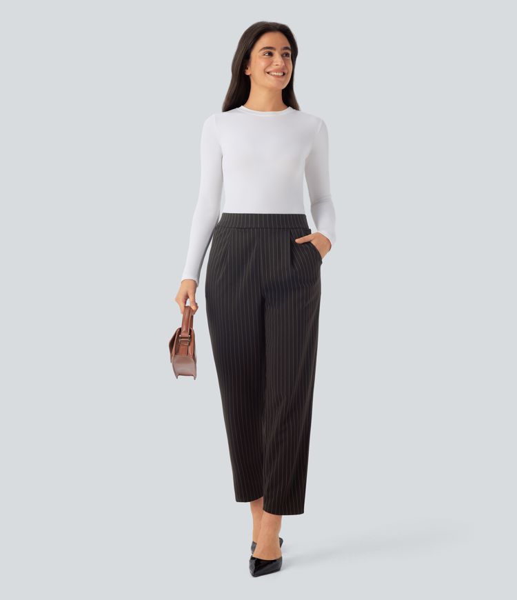High Waisted Side Pocket Tapered  Stripe Work Trousers