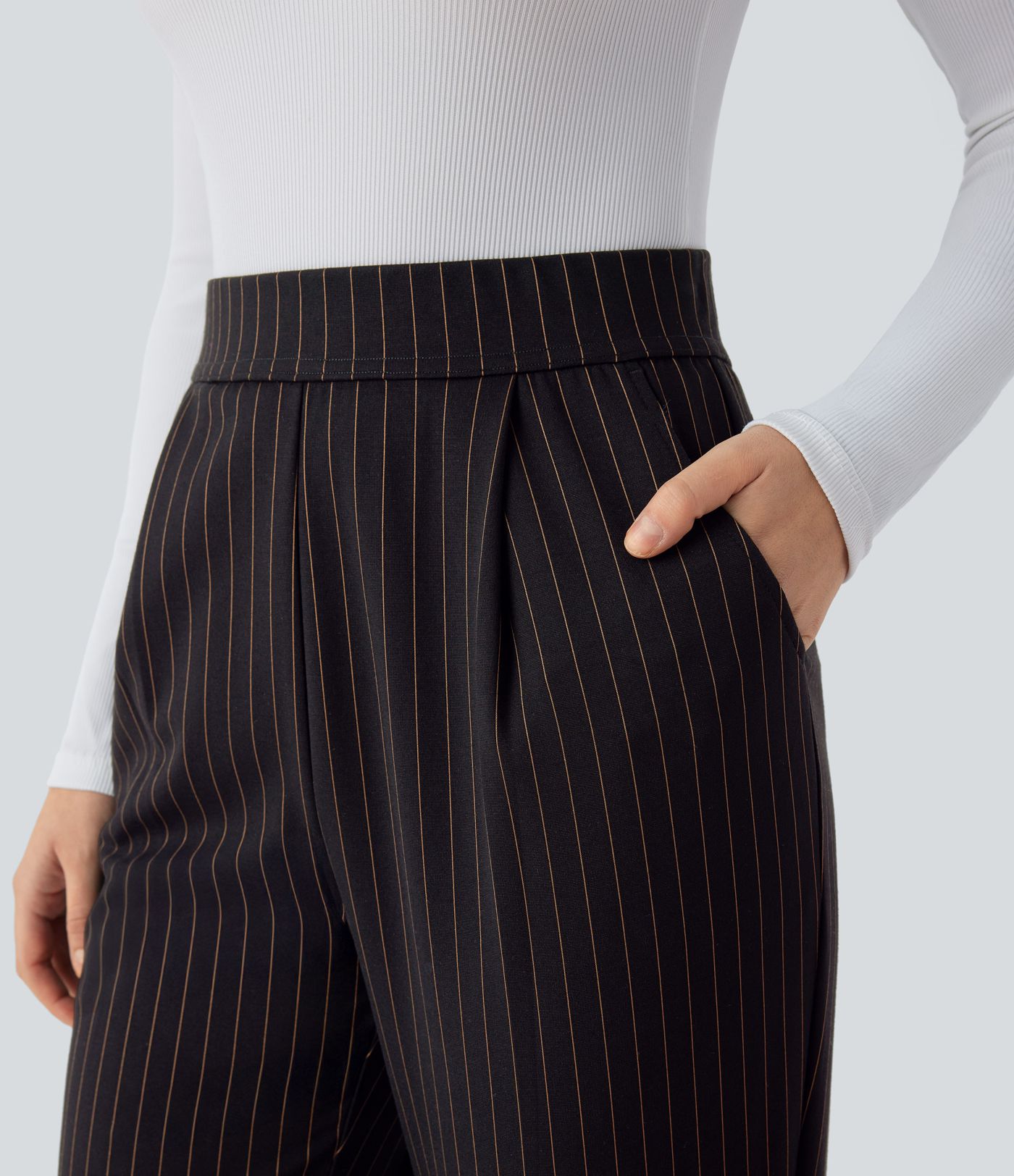 High Waisted Side Pocket Tapered  Stripe Work Trousers