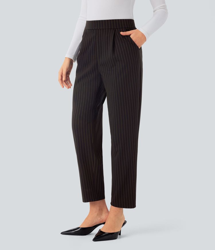 High Waisted Side Pocket Tapered  Stripe Work Trousers