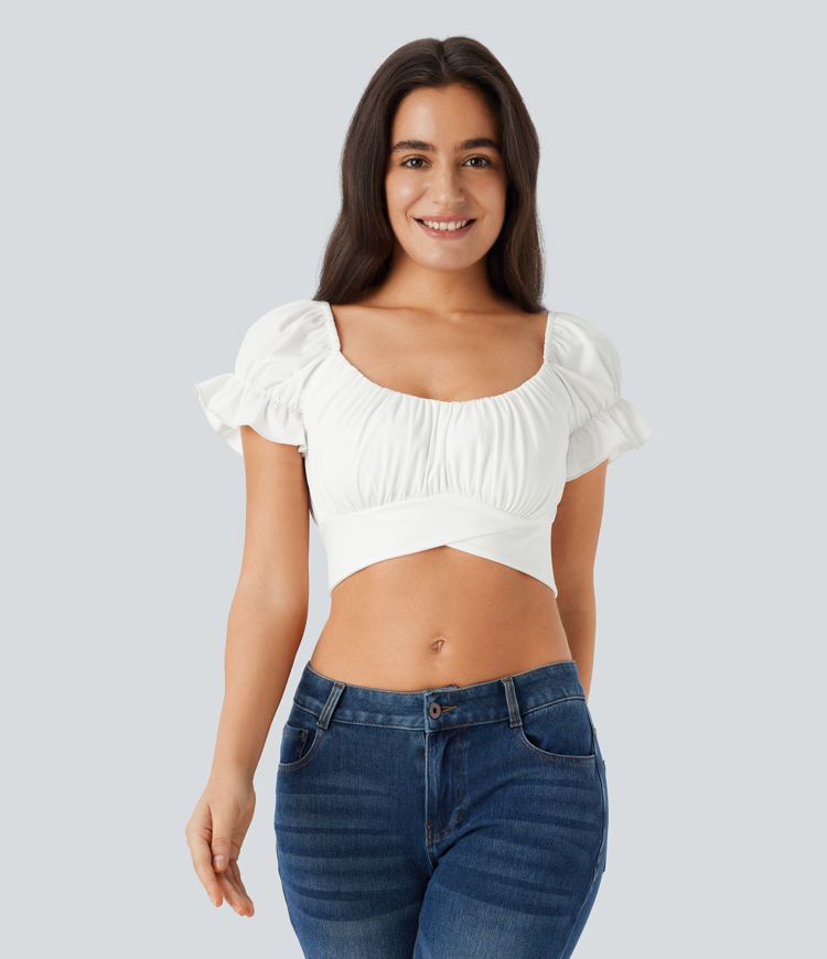 Puff Sleeve Crossover Tie Back Cropped Casual Top