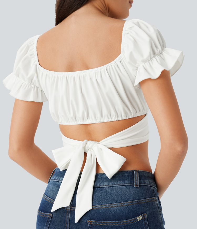 Puff Sleeve Crossover Tie Back Cropped Casual Top
