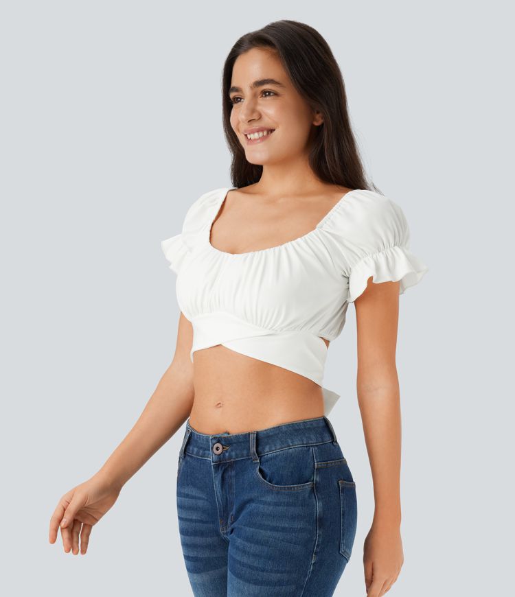 Puff Sleeve Crossover Tie Back Cropped Casual Top