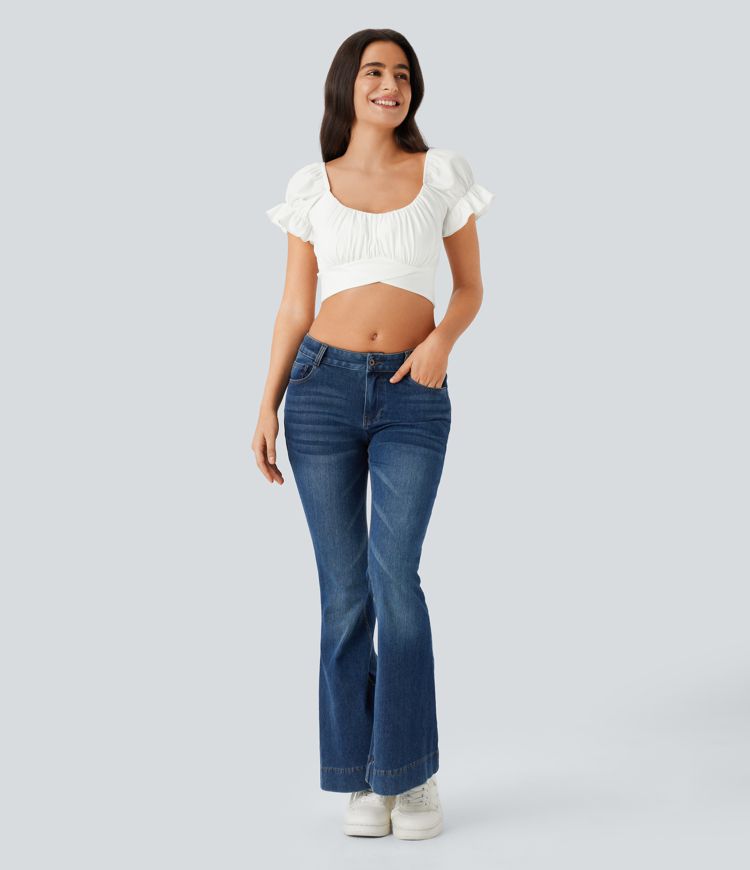 Puff Sleeve Crossover Tie Back Cropped Casual Top