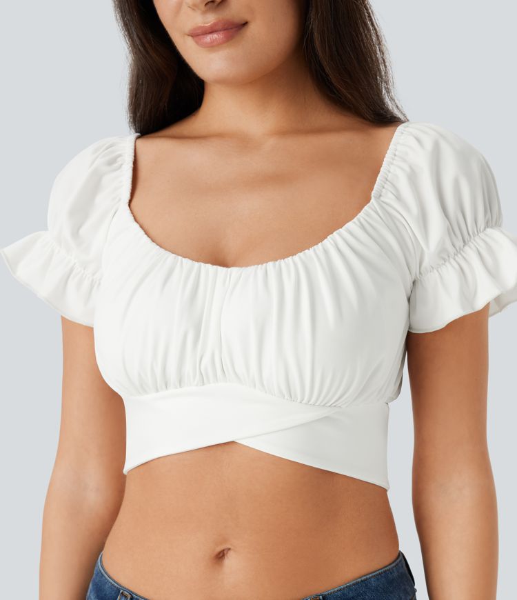 Puff Sleeve Crossover Tie Back Cropped Casual Top