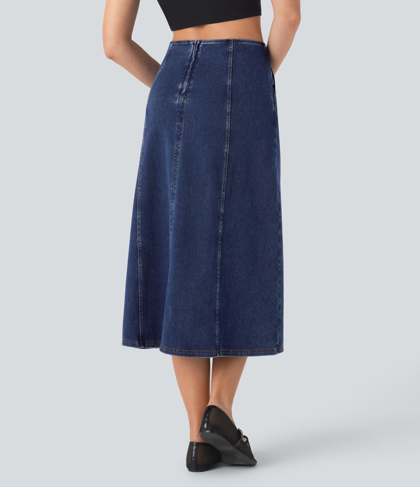 Halara Flex™ High Waisted Invisible Zipper Side Pocket A-line Midi Washed Stretchy Knit Denim Casual Skirt
