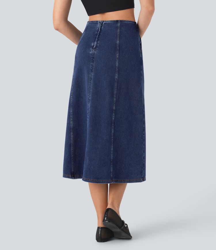 Halara Flex™ High Waisted Invisible Zipper Side Pocket A-line Midi Washed Stretchy Knit Denim Casual Skirt