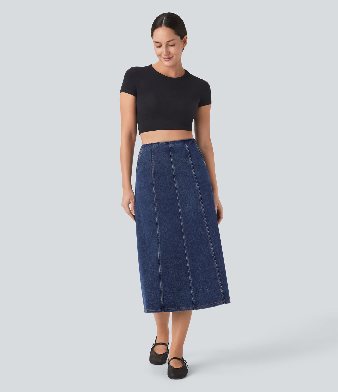 Halara Flex™ High Waisted Invisible Zipper Side Pocket A-line Midi Washed Stretchy Knit Denim Casual Skirt