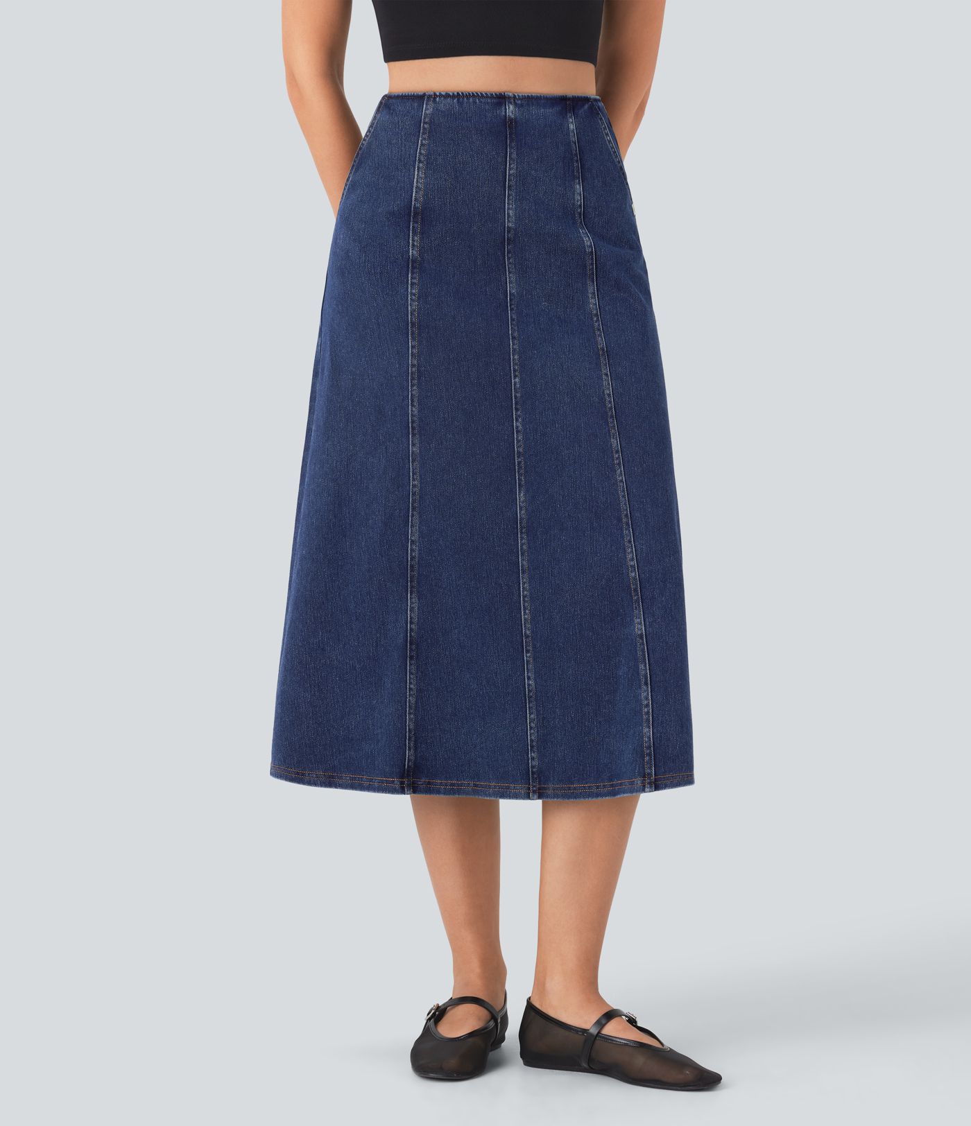 Halara Flex™ High Waisted Invisible Zipper Side Pocket A-line Midi Washed Stretchy Knit Denim Casual Skirt
