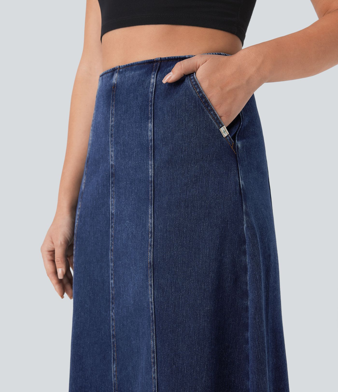 Halara Flex™ High Waisted Invisible Zipper Side Pocket A-line Midi Washed Stretchy Knit Denim Casual Skirt