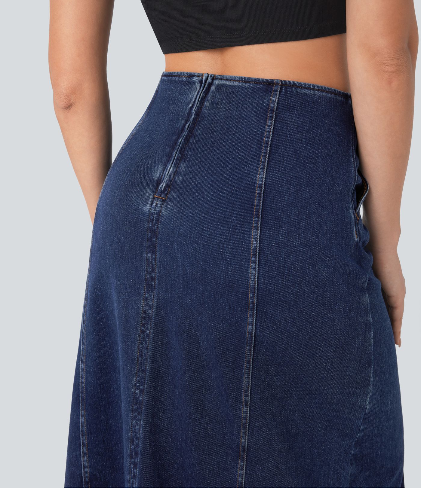 Halara Flex™ High Waisted Invisible Zipper Side Pocket A-line Midi Washed Stretchy Knit Denim Casual Skirt