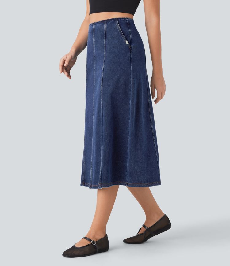 Halara Flex™ High Waisted Invisible Zipper Side Pocket A-line Midi Washed Stretchy Knit Denim Casual Skirt