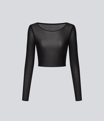 Boat Neck Long Sleeve Sheer Mesh Cropped Party Top
