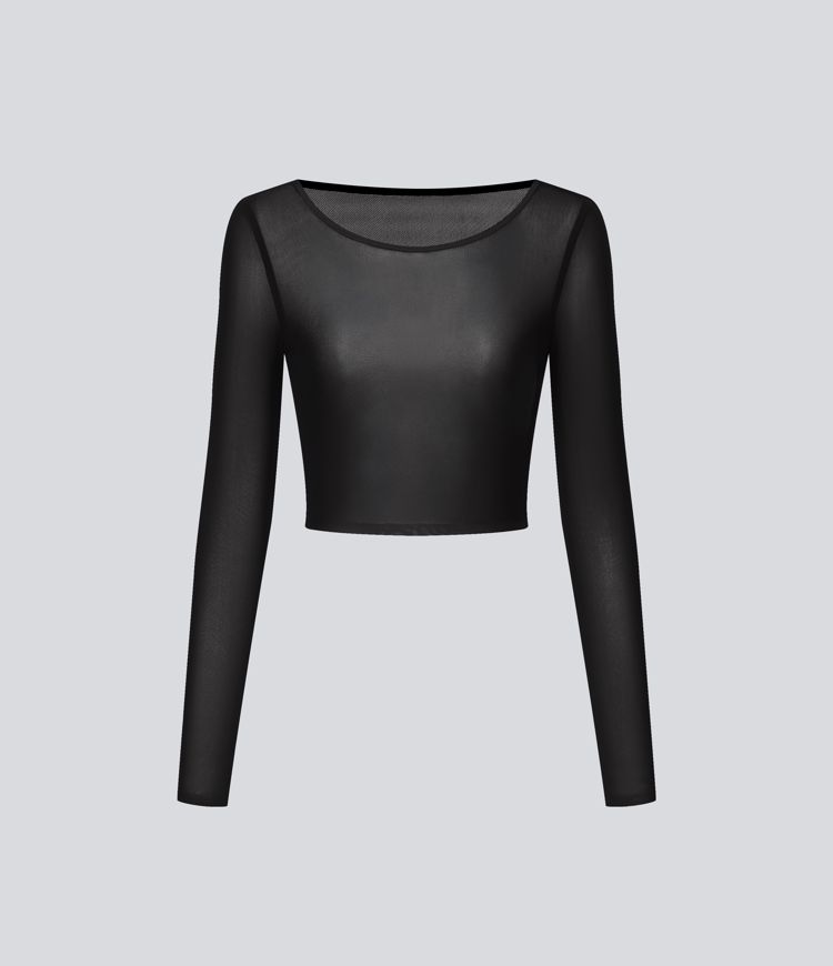 Boat Neck Long Sleeve Sheer Mesh Cropped Party Top