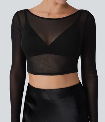 Boat Neck Long Sleeve Sheer Mesh Cropped Party Top