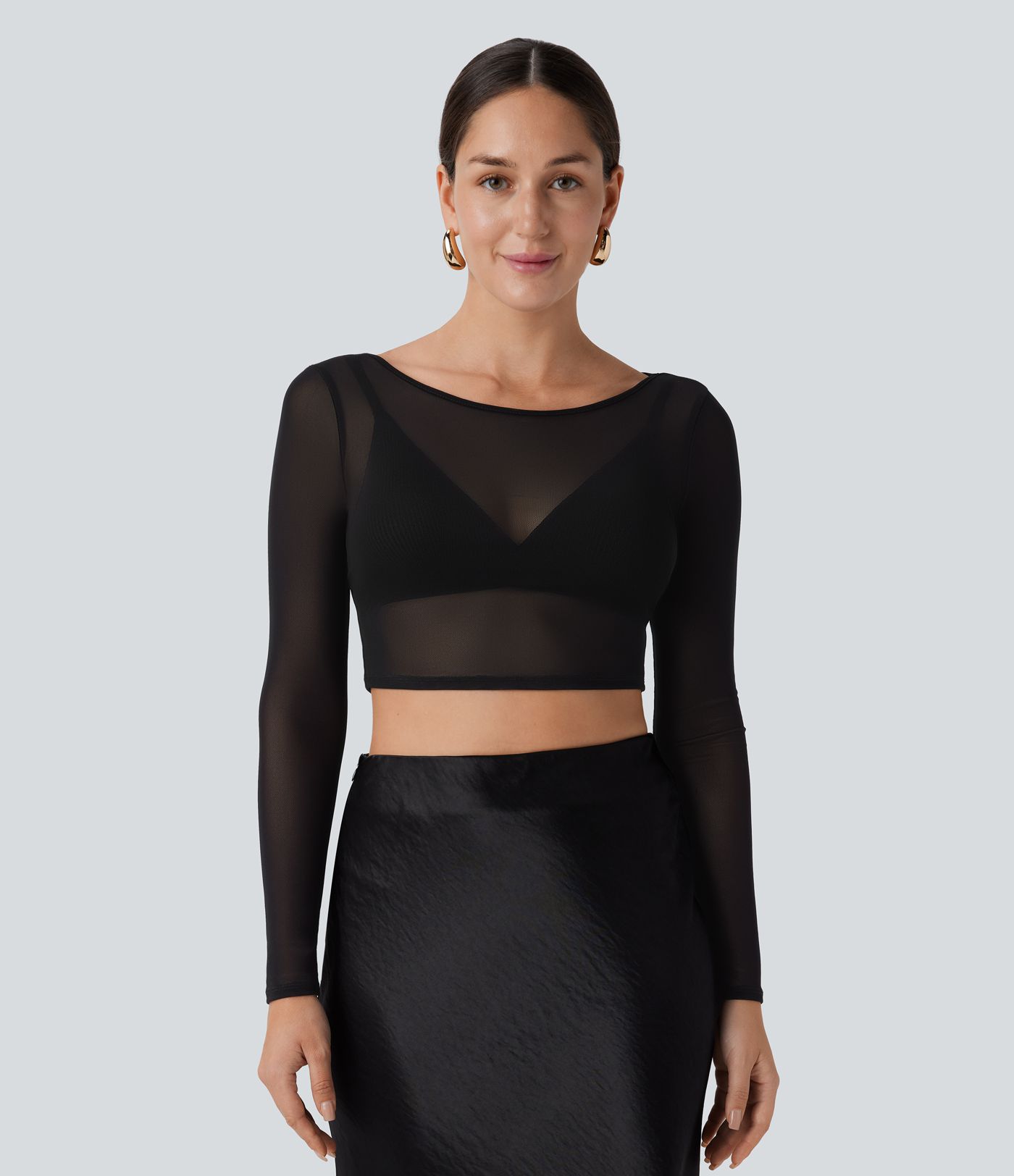 Boat Neck Long Sleeve Sheer Mesh Cropped Party Top