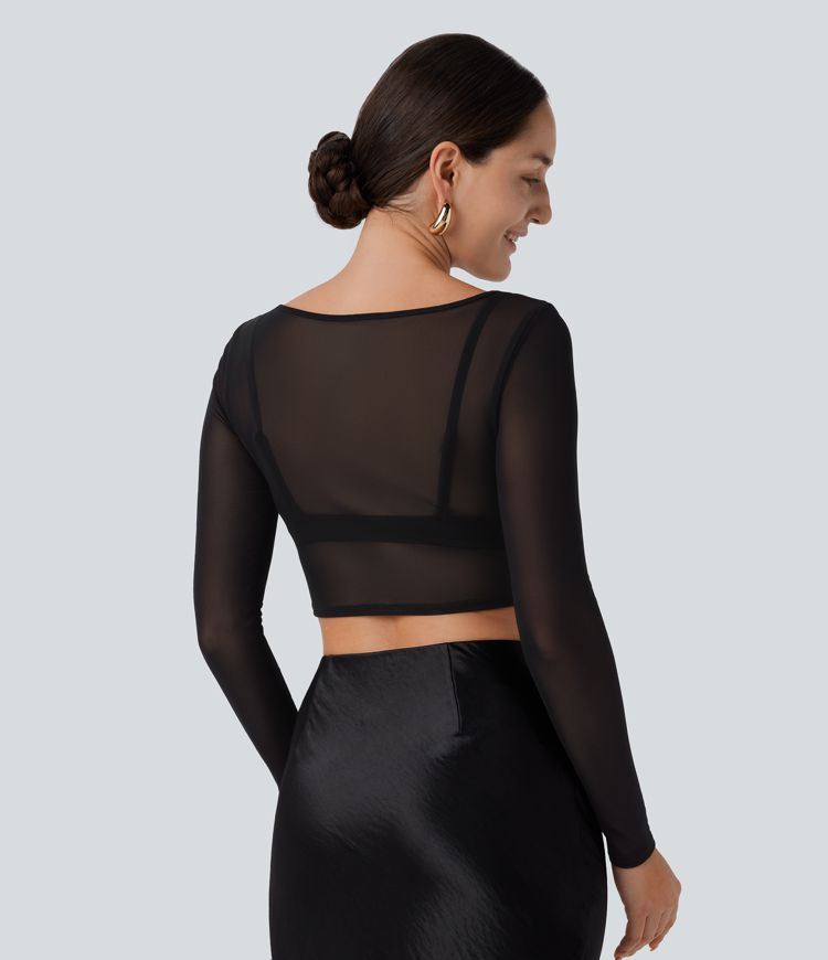 Boat Neck Long Sleeve Sheer Mesh Cropped Party Top