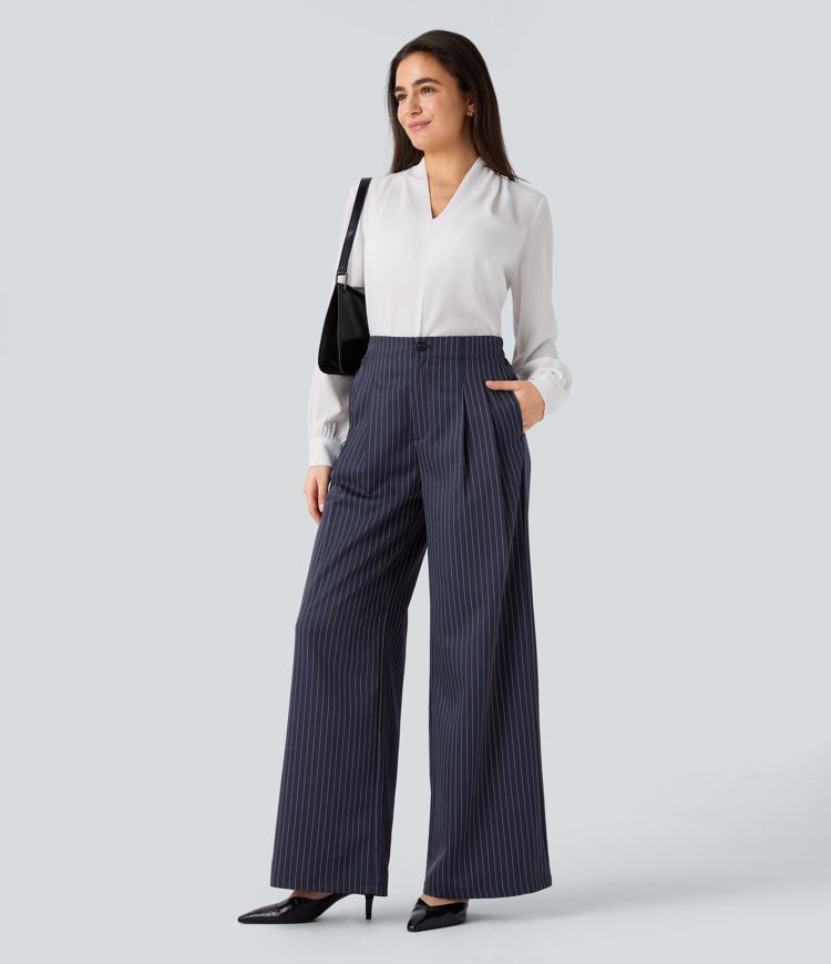 High Waisted Pockets Stripe Wide Leg Work Pants