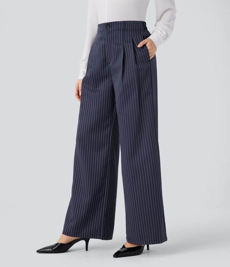High Waisted Pockets Stripe Wide Leg Work Pants