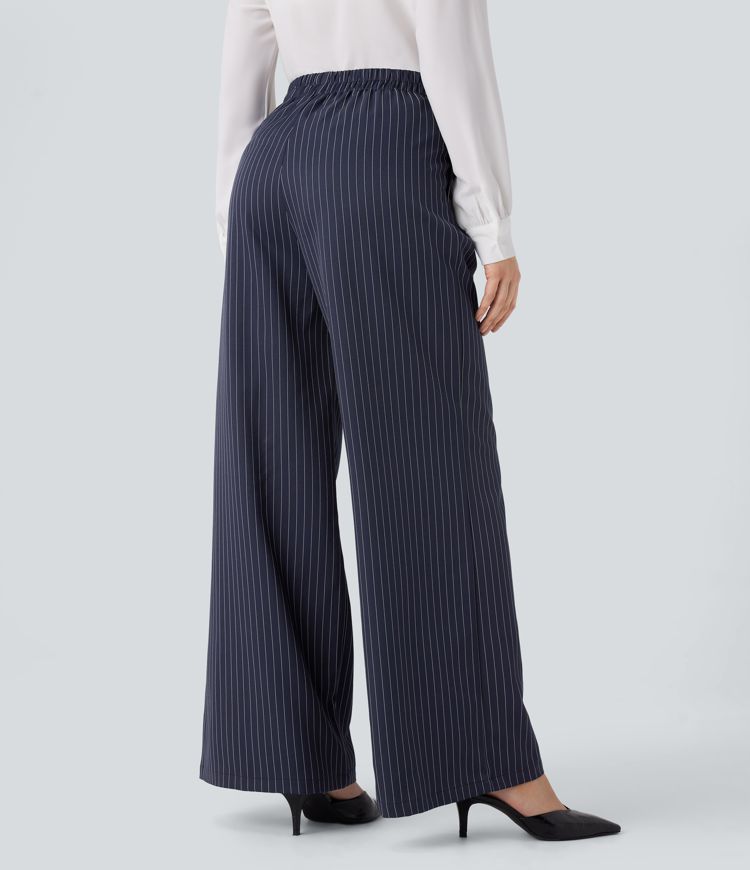 High Waisted Pockets Stripe Wide Leg Work Pants