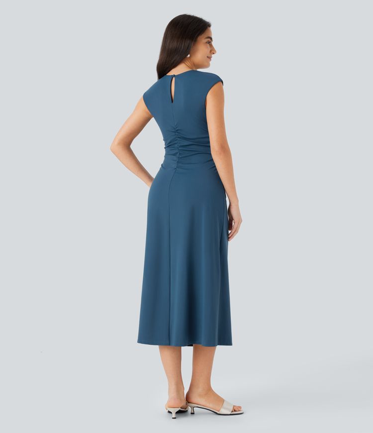 SoftlyZero™ Airy Sleeveless Keyhole Back Ruched Slim Midi Cool Touch Built-in Mesh Shapewear Dress