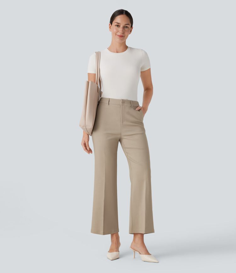 High Waisted Pocket Ankle Length Work Flare Pants