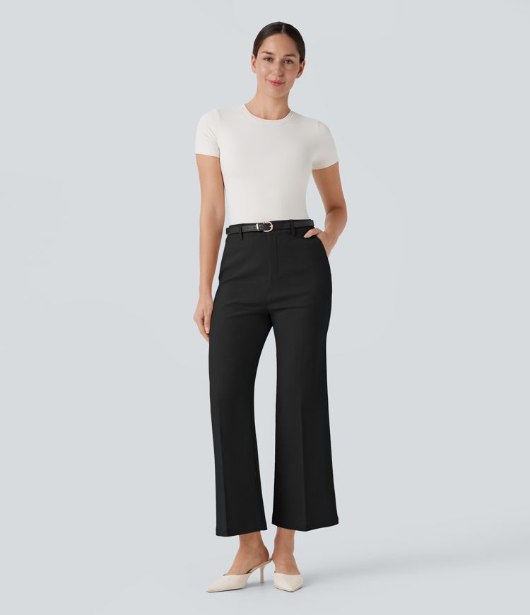 High Waisted Pocket Ankle Length Work Flare Pants