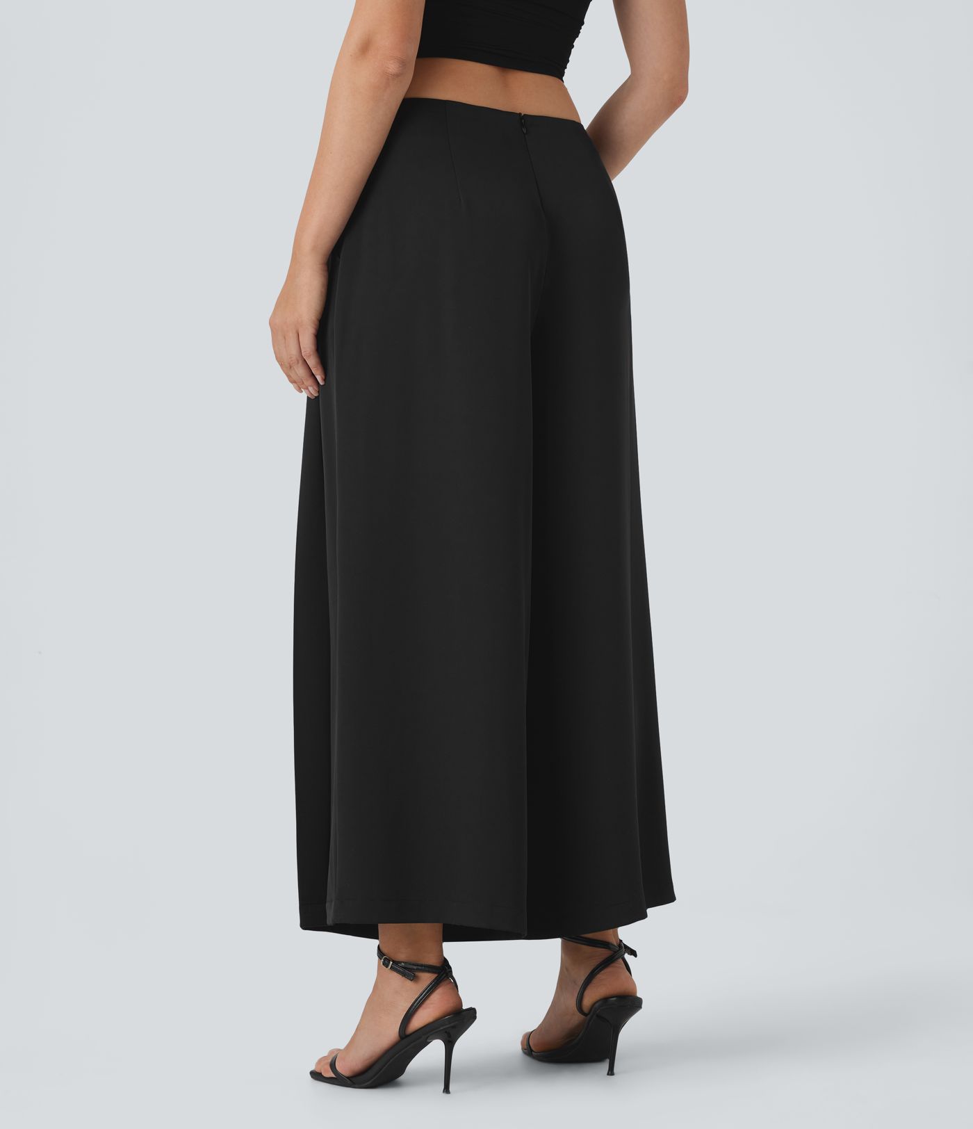 Mid Low Rise Pocket Pleated Flowy Wide Leg Pants