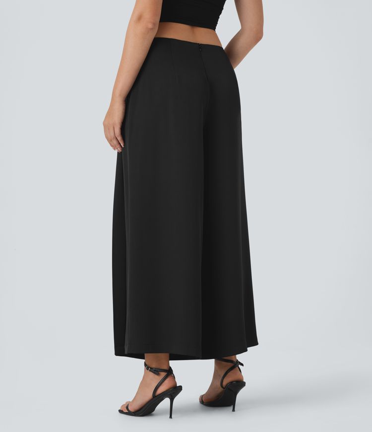 Mid Low Rise Pocket Pleated Flowy Wide Leg Pants