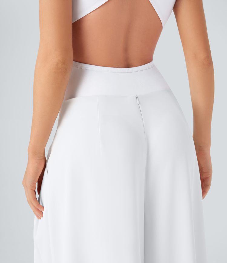 Mid Low Rise Pocket Pleated Flowy Wide Leg Pants
