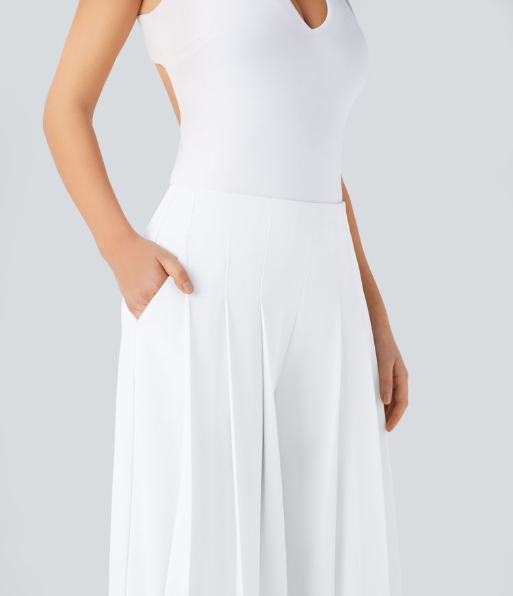 Mid Low Rise Pocket Pleated Flowy Wide Leg Pants
