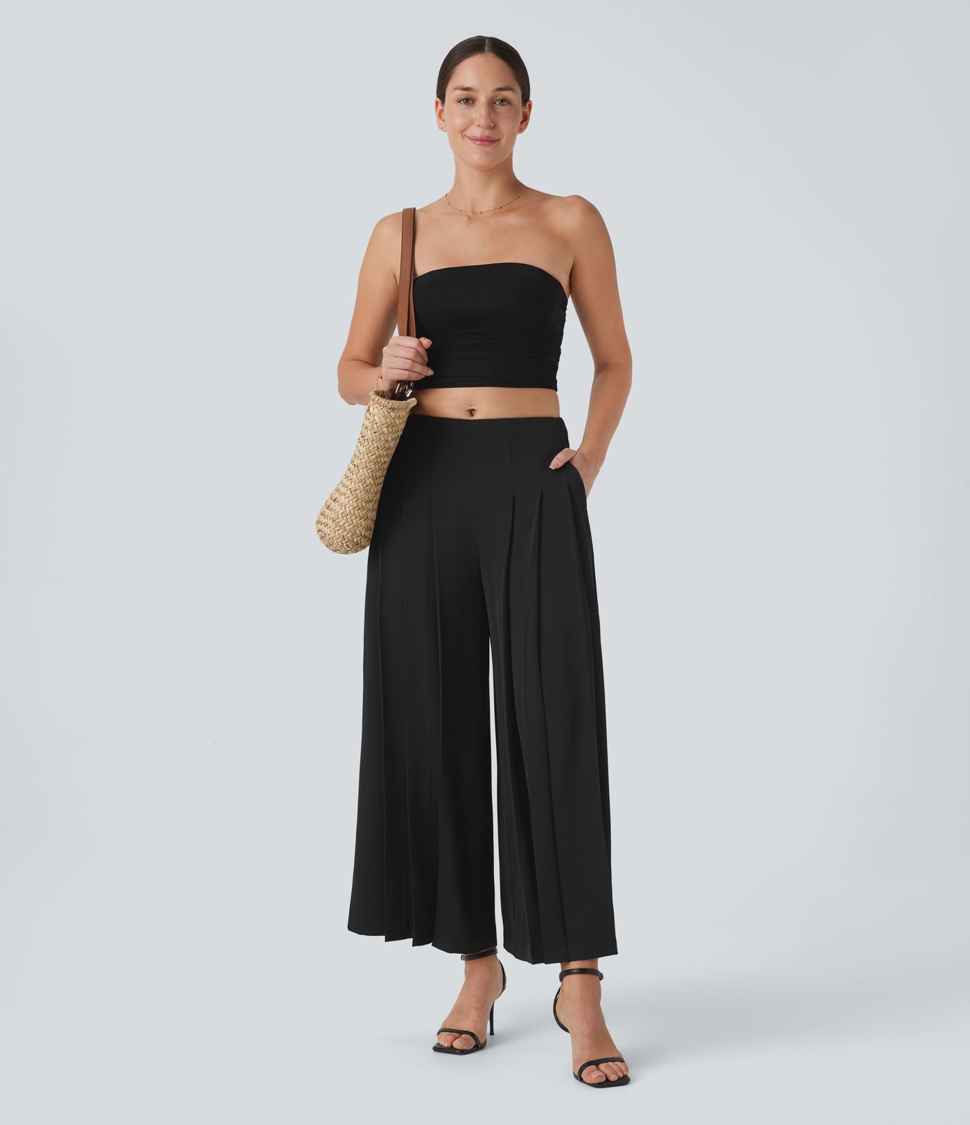 Mid Low Rise Pocket Pleated Flowy Wide Leg Pants