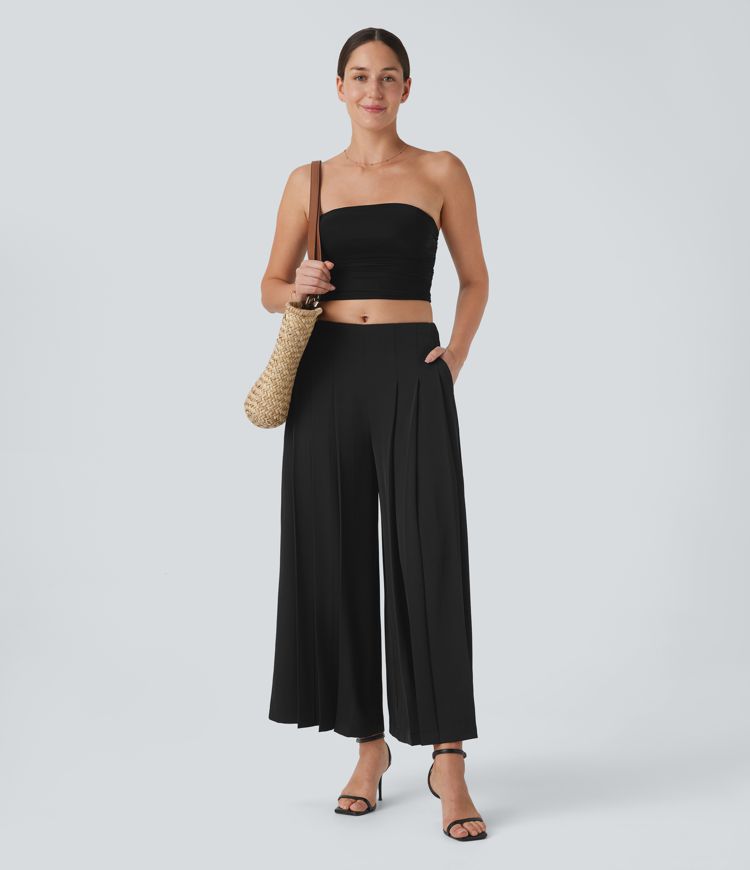 Mid Low Rise Pocket Pleated Flowy Wide Leg Pants