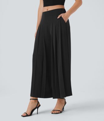 Mid Low Rise Pocket Pleated Flowy Wide Leg Pants