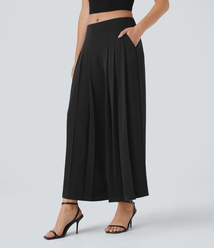 Mid Low Rise Pocket Pleated Flowy Wide Leg Pants