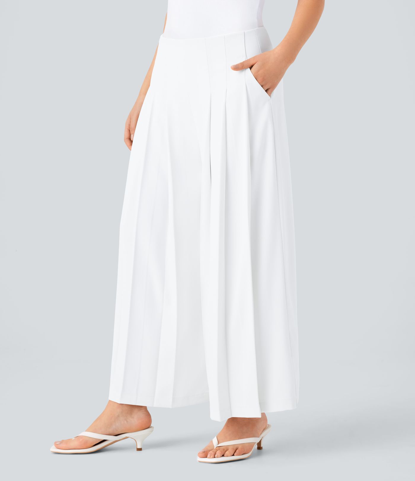 Mid Low Rise Pocket Pleated Flowy Wide Leg Trousers